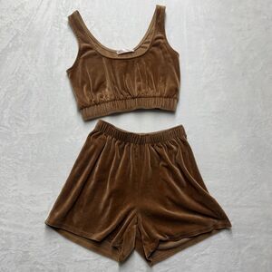 Blue Blush Velour Loungewear Short Set Women’s Sz Medium Camel Comfortcore